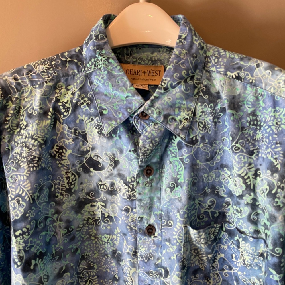 Johari West Mens XLT Batik Shirt Blue Green Tropical Floral Cotton Short Sleeve - Picture 3 of 10